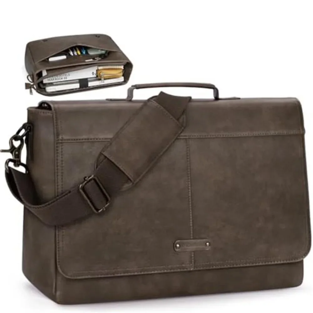 Vintage Flap Messenger Bag for Men PU Leather Laptop Bag 15.6 Inch